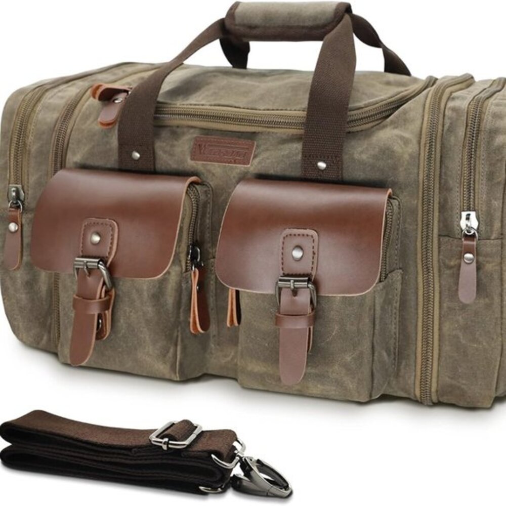 Duffle Bag for Travel, 50L Waterproof Waxed Canvas Genuine Leather Weekender